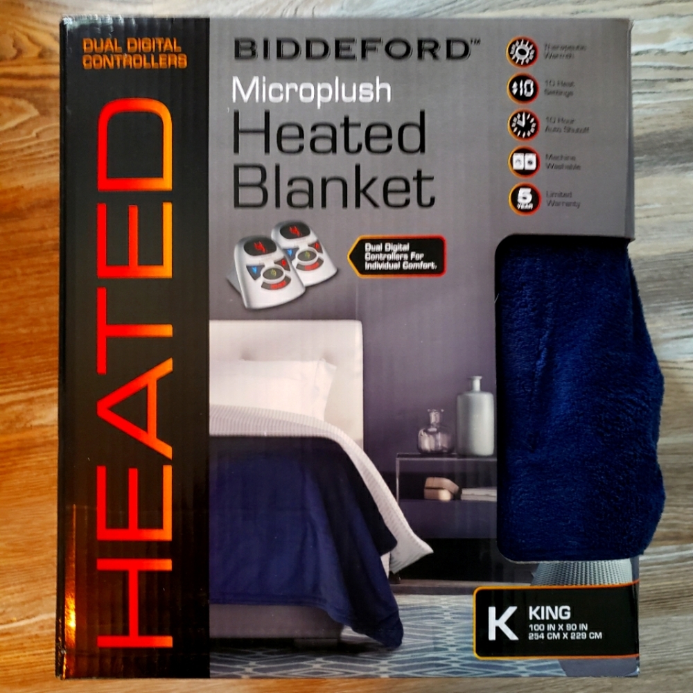 NIB Biddeford Navy Microplush Heated Blanket size King